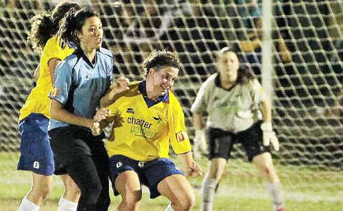 Gympie women’s Miners remain on the top of the Sunshine Coast ladder after beating Coolum 1-0 last Friday night despite struggling to maintain form. In action above in an earlier round is Miners’ keeper Kiah Monk in the background. Gympie women’s Miners remain on the top of the Sunshine Coast ladder after beating Coolum 1-0 last Friday night despite struggling to maintain form. In action above in an earlier round is Miners’ keeper Kiah Monk in the background.